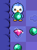 Pixel art game screenshot showing a penguin character and green gems on a purple background, with one item highlighted.