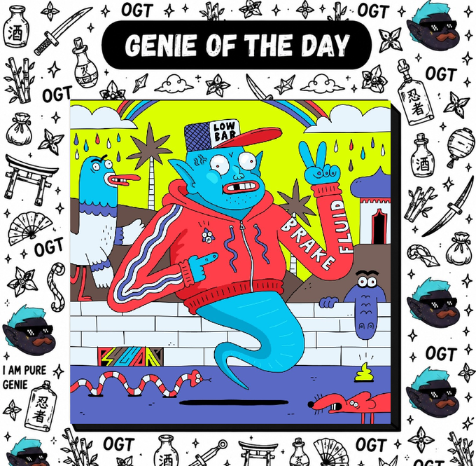 A colorful illustration titled 'GENIE OF THE DAY' featuring a blue genie character in a red tracksuit labeled 'BRAKE' and 'CULT', surrounded by Japanese cultural items and the acronym 'OGT'.