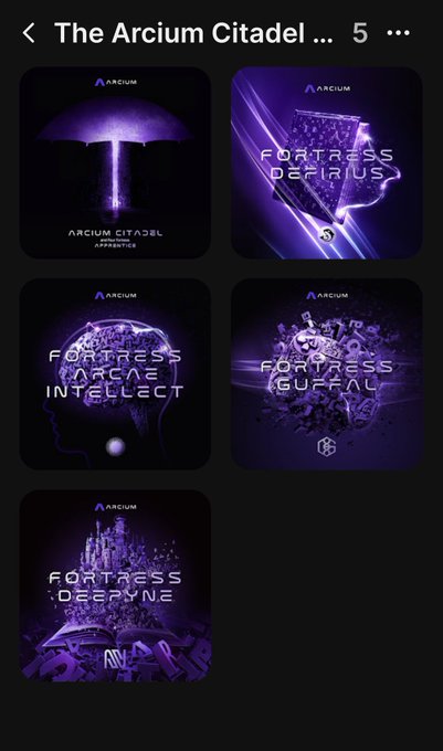 The image shows a collection of six different album covers, each featuring a unique design with purple elements. The album names are displayed below the covers, including "The Arcium Citadel ... 5", "Fortress Delta ... Deep Purple", " fortress delta ... Deep Purple", and " fortress delta ... Deep Purple". These album covers showcase various themes related to space exploration or futuristic concepts, such as a castle-like structure, a brain, and a spaceship. The post suggests that these album covers are for sale on the artist's website, which is indicated by the presence of the text " Did we mint these for nothing??? [ No ARX for nft holders]".