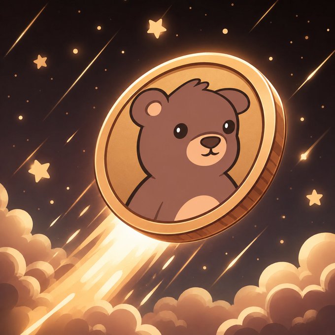 A cartoon brown bear encased in a golden coin rockets through a starry night sky, symbolizing BURR—an ERC-404 token where holding 10,001 BURR equals one Bearish NFT.