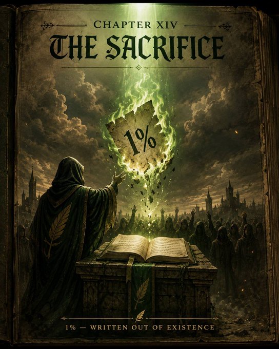A hooded figure conjures a burning parchment marked "1%" above an open ancient book, while robed followers raise their hands beneath the title "CHAPTER XIV — THE SACRIFICE" and the inscription "1% — WRITTEN OUT OF EXISTENCE," visually capturing the post's theme of a fateful verdict where one percent of the written word is sacrificed into the flames.