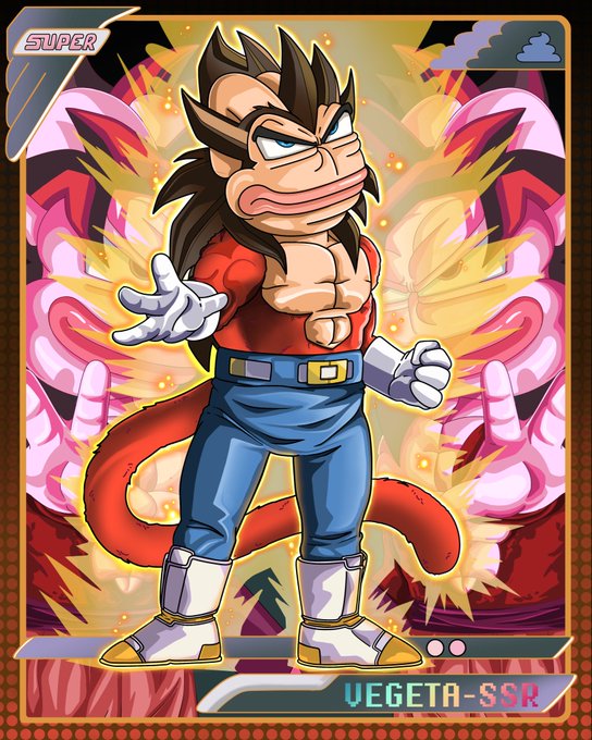 A trading card illustration shows a muscular, monkey-like character with a tail, wearing a red shirt and blue jeans, labeled 'SUPER', 'VEGETA-SSR', and '79'.