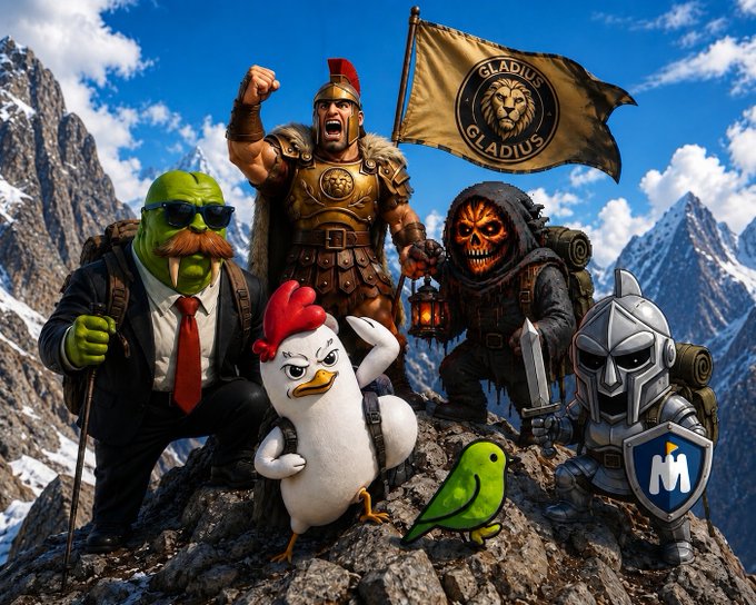 A group photo featuring meme characters including a Shrek-like figure, a chicken, a skull-faced warrior, a gladiator with a 'GLADIUS' flag, and a knight with an 'M' shield standing on a rocky peak.
