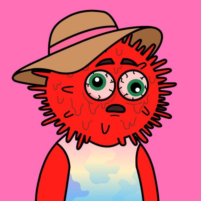 A cartoon illustration of a red furry creature with large green bloodshot eyes wearing a brown safari hat and a tie-dye shirt against a pink background.