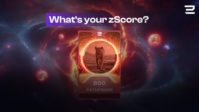 Digital artwork showing a cheetah within a glowing orange portal, overlaid with the text 'What's your zScore?' and a card displaying '800 PATHFINDER' against a cosmic red nebula background.