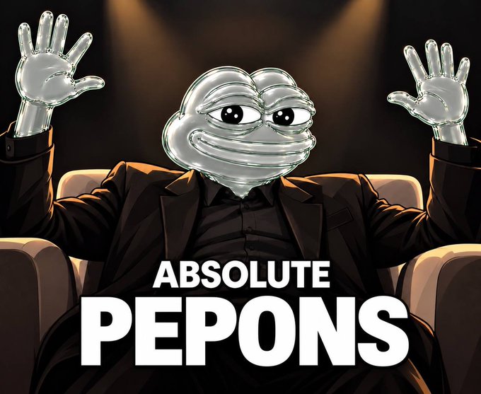 An illustrated character with a metallic silver face wearing a black suit raises both hands in surrender, with bold text 'ABSOLUTE PEPONS' displayed below.