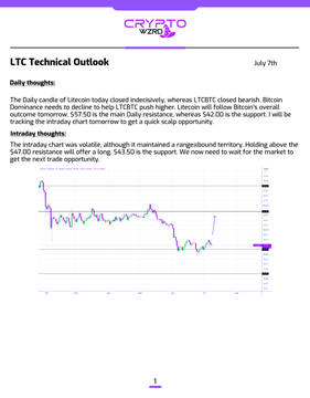 A CryptoNerdz technical analysis report for Litecoin (LTC) dated July 7th, featuring a daily candlestick chart showing LTC's price action near the $43.53 support level, with notes indicating potential for a bullish reversal toward $47.03 resistance if the support holds.