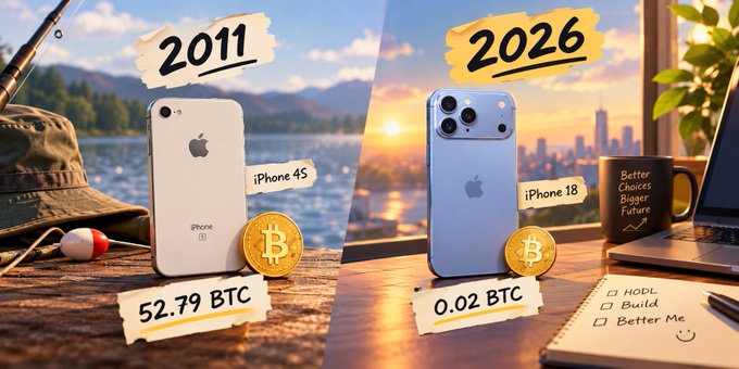 A side-by-side comparison shows the white iPhone 4S in 2011 priced at 52.79 BTC against a lakeside backdrop, paired with the blue iPhone 18 in 2026 priced at 0.02 BTC beside a city skyline, a "Better Choices Bigger Future" mug, and a checklist reading "HODL, Build, Better Me." The visual juxtaposition reinforces how the same dollar-priced Apple device has become drastically more affordable in Bitcoin terms over 14 years, illustrating Bitcoin's long-term purchasing power growth against real-world goods.
