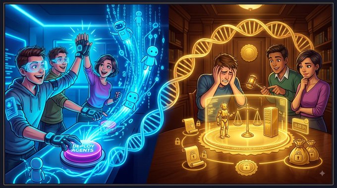 The image is a split illustration showing cheerful developers on the left activating a "Deploy Agents" button with holographic AI assistants, while on the right, concerned parties use a gavel and scales of justice to resolve disputes involving a robotic agent over money bags with locks—visually representing the post's announcement that 50 Solana skills launched on the Court of Internet, providing a trusted escrow and dispute resolution layer for autonomous AI agents.