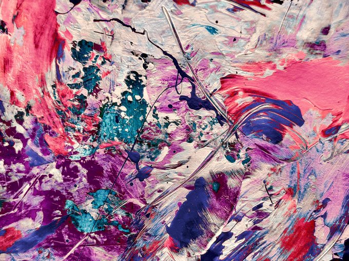 A chaotic swirl of vibrant pink, purple, teal, and red paint splashes and streaks, evoking a frenzied, inebriated energy that mirrors the "Drunk At Sea" title of this NFT artwork listed at 12 tez on OBJKT.