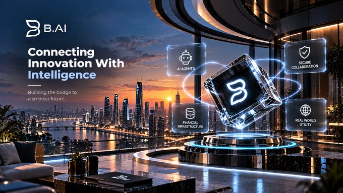 A futuristic promotional banner for B.AI featuring the tagline 'Connecting Innovation With Intelligence' and 'Building the bridge to a smarter future,' highlighting AI Agents, Secure Collaboration, Financial Infrastructure, and Real-World Utility against a sunset cityscape.
