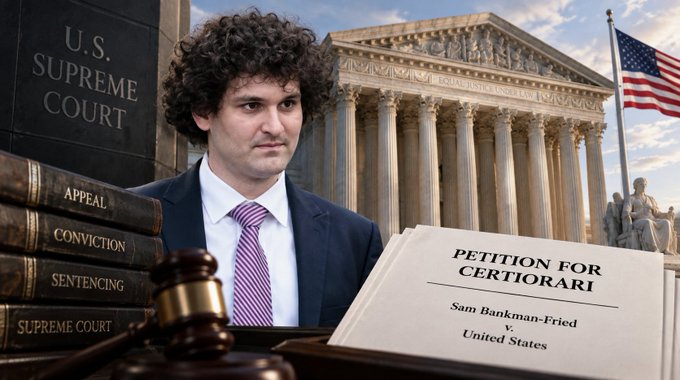 A composite image showing Sam Bankman-Fried in front of the U.S. Supreme Court building. Visible text includes 'U.S. SUPREME COURT,' book spines labeled 'APPEAL,' 'CONVICTION,' 'SENTENCING,' and a document titled 'PETITION FOR CERTIORARI' for 'Sam Bankman-Fried v. United States.'
