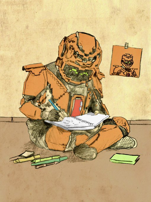 A whimsical hand-drawn illustration depicts a small figure wearing orange armor, sitting cross-legged on the floor and sketching in a notebook, with colored pencils scattered nearby and a drawing of itself pinned to the wall.
