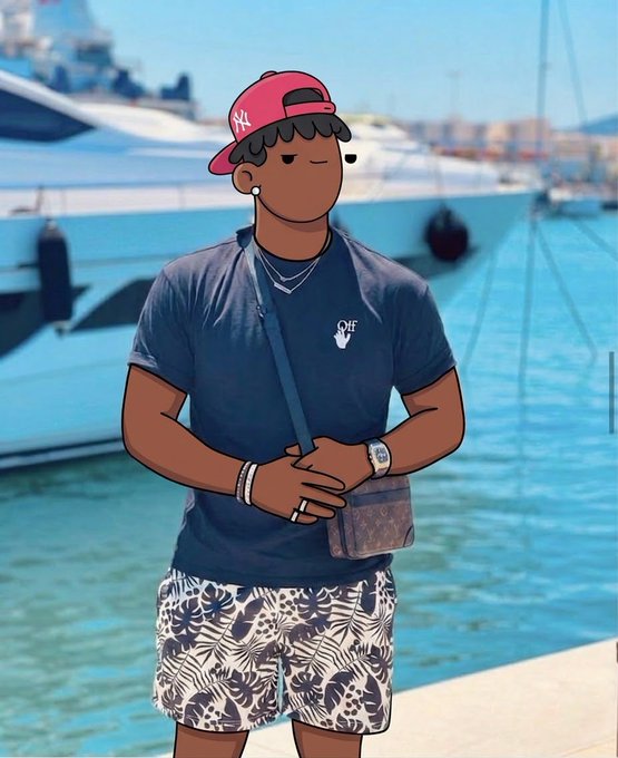 A stylized cartoon avatar of a person wearing a red NY baseball cap, dark t-shirt, and tropical print shorts, with a crossbody bag, standing in front of a yacht marina.