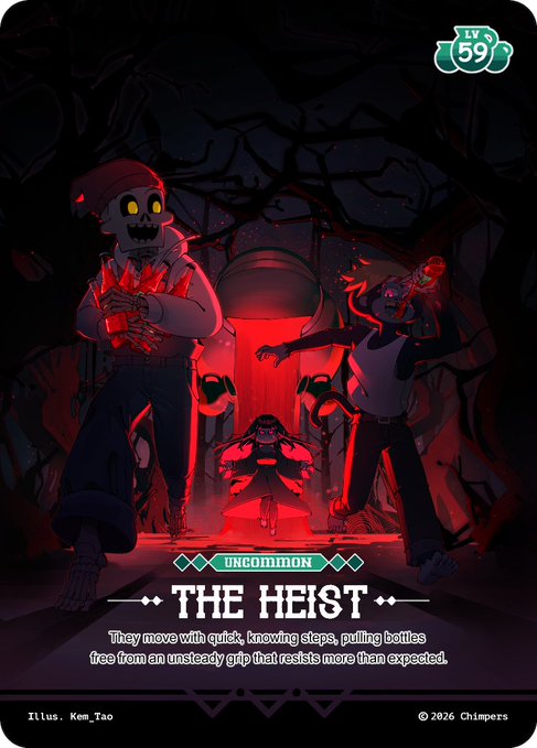 A card titled "THE HEIST" marked as "UNCOMMON" and level 59, showing characters in a dark, red-lit cave setting with descriptive text about quick, knowing steps.