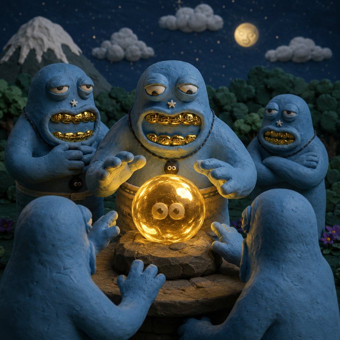 A surreal 3D-rendered scene showing blue clay-like creatures with star-shaped pupils and golden teeth gathered around a glowing golden crystal ball with two eyes, set against a nighttime mountain landscape.