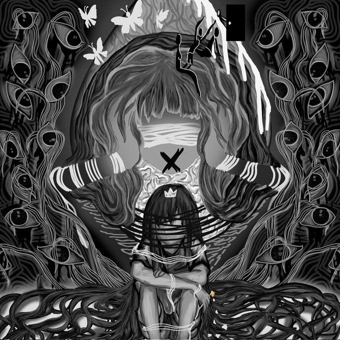 A haunting black-and-white digital artwork showing a small blindfolded crowned figure sitting beneath a larger shadowy figure covering its face, surrounded by swirling tendrils with eyes and white butterflies.
