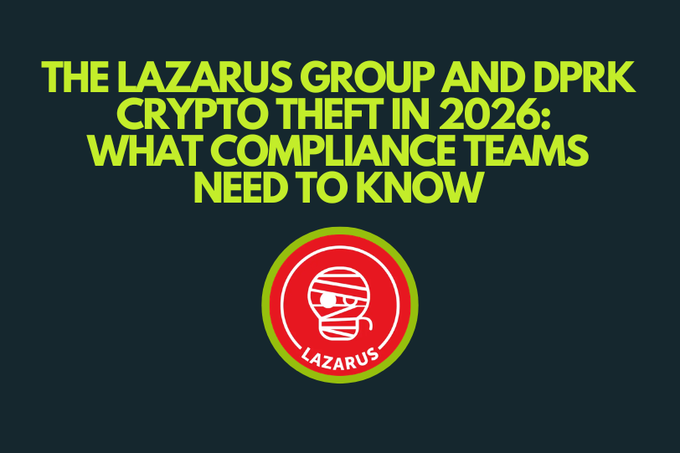 Title card with yellow text on black background reading 'THE LAZARUS GROUP AND DPRK CRYPTO THEFT IN 2026: WHAT COMPLIANCE TEAMS NEED TO KNOW' with a circular red logo of a mummified ninja character labeled 'LAZARUS'.