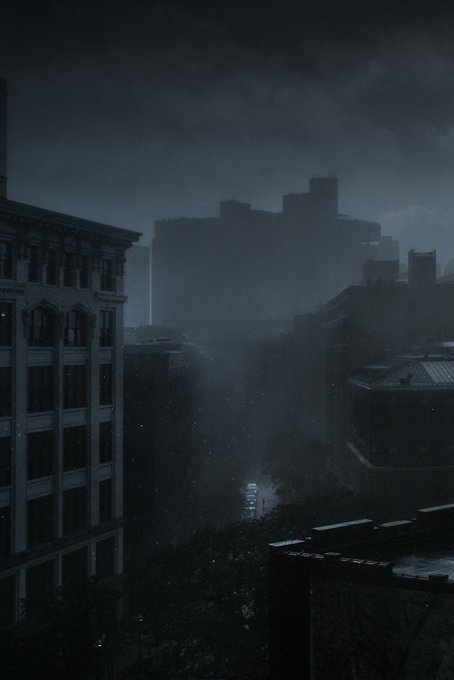 A dark, moody cityscape at night or during a heavy rainstorm, featuring tall silhouetted buildings and clouds illuminated by faint city lights.