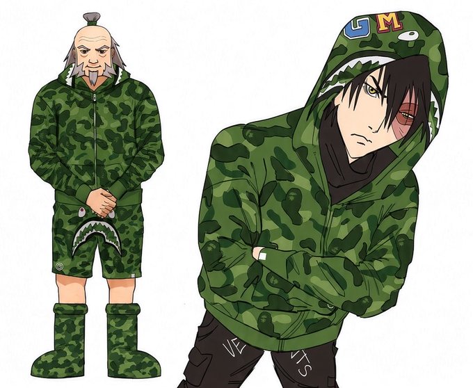 The image shows two anime characters in BAPE (A Bathing Ape) green camouflage hoodies and matching boot-like slippers, with the character on the right featuring "GM" text on the hood and shark-mouth hood design. This relates to the post as it creatively demonstrates the "Rock their NFT" option, showing how holders can now wear and showcase their BAPE-inspired NFT collections.
