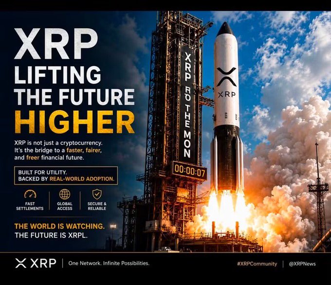 A promotional graphic for XRP cryptocurrency featuring a SpaceX-style rocket with the XRP logo launching from a pad labeled "XRP TO THE MOON," accompanied by a countdown timer showing "00:00:07" and bold text declaring "XRP LIFTING THE FUTURE HIGHER" alongside key selling points like fast settlements, global access, and secure transactions. The dramatic rocket imagery visually reinforces the post's "ready for liftoff" theme, using the iconic countdown to suggest XRP is moments away from a major upward surge.