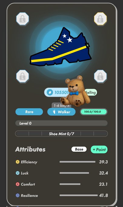 NFT or digital collectible interface showing a blue sneaker icon, with attributes listed including Efficiency 39.3, Luck 32.4, Comfort 23.1, and Resilience 41.8.