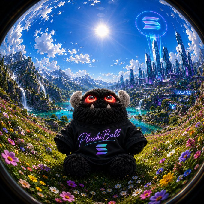 A fuzzy black "PlushiBull" plush creature wearing a shirt branded "PlushiBull" sits in a vibrant fantasy landscape, with a futuristic Solana cityscape and Solana logo floating in the sky behind it. The image ties to the post's "4 days until $PLUSH launch" countdown, blending a whimsical mascot reveal with Solana's blockchain branding ahead of the memecoin debut.