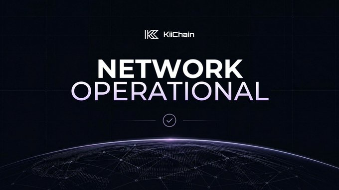 A promotional graphic for KiiChain displaying "NETWORK OPERATIONAL" with the $KII logo, set against a dark background featuring a stylized digital globe—symbolizing the project's active blockchain network status, which aligns with the post's observation of $KII's notable trading momentum on the Binance Alpha leaderboard.