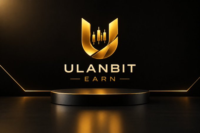 A gold and black logo featuring a stylized 'U' with candlestick bars reads 'ULANBIT EARN' above a circular platform.