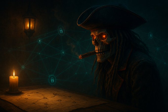 A digital artwork of a skeletal pirate with glowing orange eyes and a tricorn hat smoking a cigar, with blockchain network nodes and lock icons visible in the dark background.