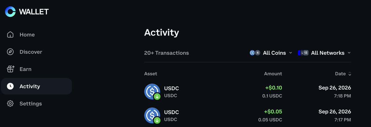 Screenshot of a digital wallet activity page showing 20+ USDC transactions, with two recent entries on Sep 26, 2026, of +$0.10 and +$0.05.