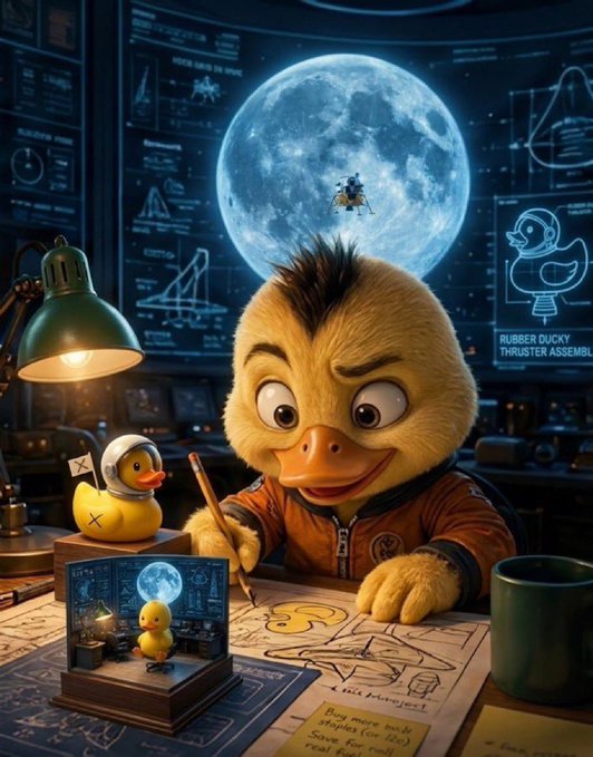 A determined cartoon duck in a brown jacket sketches rocket designs in a moonlit workshop filled with flight data screens and blueprints labeled "RUBBER DUCKY THRUSTER ASSEMBLY," accompanied by a small astronaut duck figurine. The scene mirrors the post's theme of moving beyond hype-driven "attention and momentum" to focus on the quieter, conviction-driven work of building something real—suggesting $DINKY is now in that focused execution phase rather than the initial excitement stage.