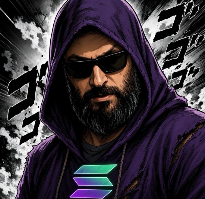 A bearded, sunglasses-wearing figure in a purple hoodie is depicted in a stylized, manga-like illustration with dramatic Japanese onomatopoeia ("ゴゴゴ") in the background, projecting an intense, battle-ready aura. The image reinforces the post's message of being a fierce fighter on Solana ($SOL), conveying strength, determination, and an "against all odds" mentality.