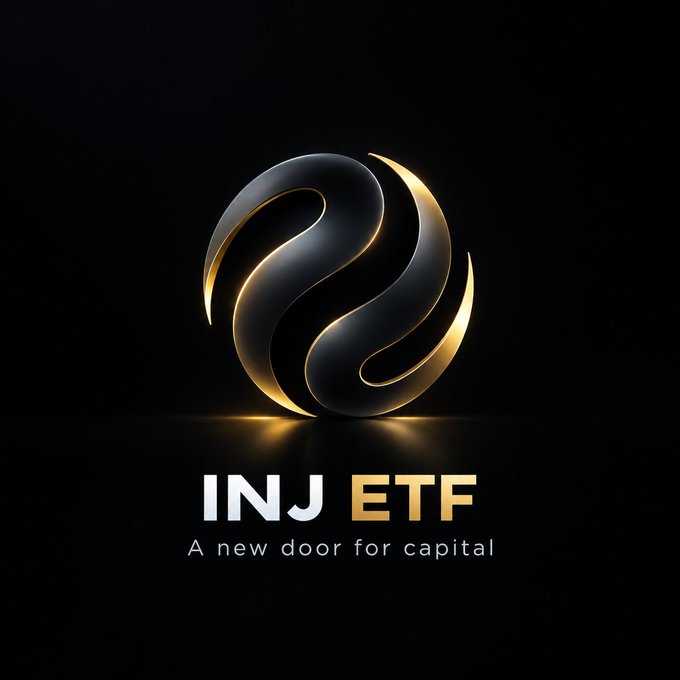 A sleek gold and black logo featuring an abstract spherical emblem appears above the text "INJ ETF" and the tagline "A new door for capital," visually reinforcing the post's message about an INJ ETF providing institutional investors a regulated gateway to crypto exposure.