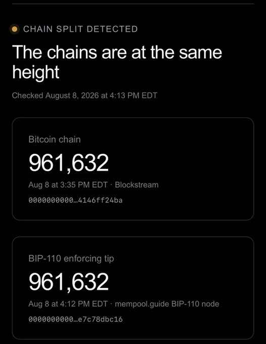 A "Chain Split Detected" interface shows that both the Bitcoin chain and the BIP-110 enforcing tip are tied at block height 961,632 as of August 8, 2026, with the post noting the matching block was mined by Roughnecks using the same rented hash from before the split.