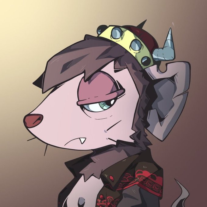 An illustrated portrait of an anthropomorphic dog character with a unamused expression, wearing a spiked crown-like headpiece and a dark outfit with red detailing.