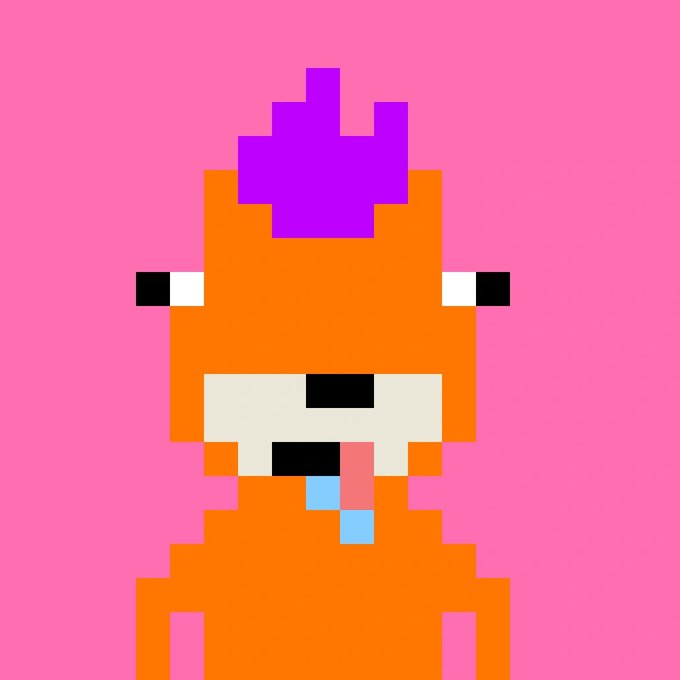 A pixel art illustration of an orange character with a purple tuft on its head, wide cartoon eyes, a small blue tongue sticking out, set against a pink background.