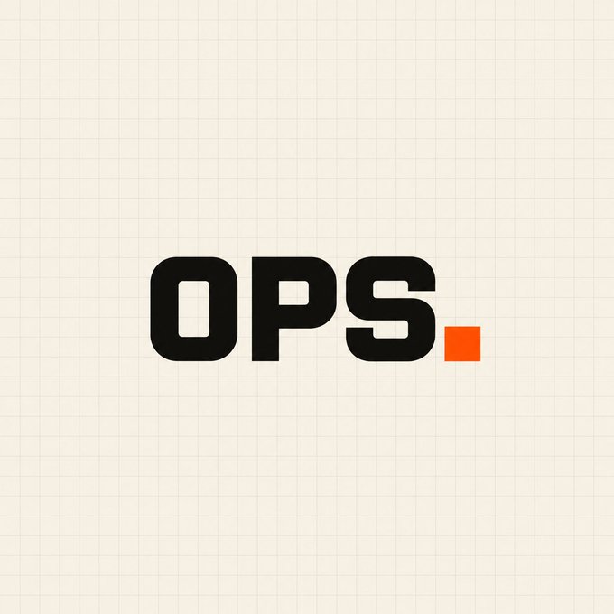 A minimalist logo design featuring the text 'OPS.' in bold black letters with an orange period, set against a light grid background.