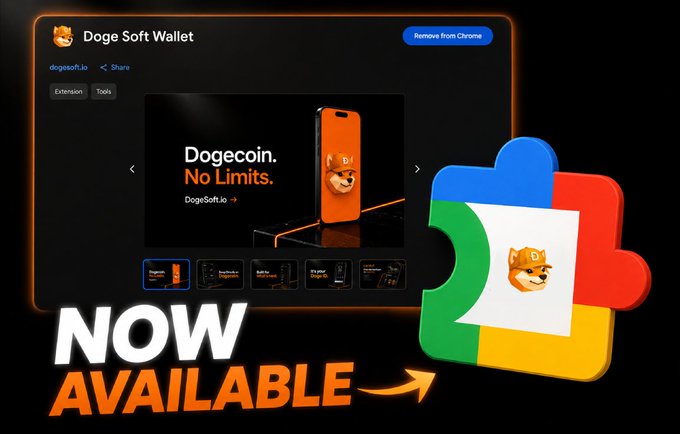 A promotional graphic for the 'Doge Soft Wallet' Chrome extension by DogeSoft.io, displaying 'NOW AVAILABLE' with the Chrome logo and an image of an orange phone case.