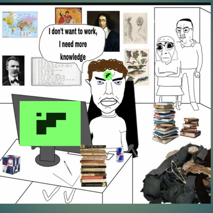 A soyjak-looking wojak sits at a desk with a green "P" logo on his monitor and forehead, surrounded by books, saying "I don't want to work, I need more knowledge," while a pile of clothes and his disapproving parents look on in the background. The image humorously illustrates the post's discussion of airdrop point allocations, mocking users who accumulate knowledge about Hyperliquid and RiseX points programs hoping for rewards while their parents stand disapprovingly in the background.