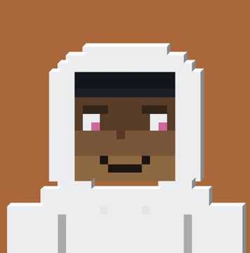 Pixel art portrait of a character with dark skin, pink eyes, and a white hood against a brown background.