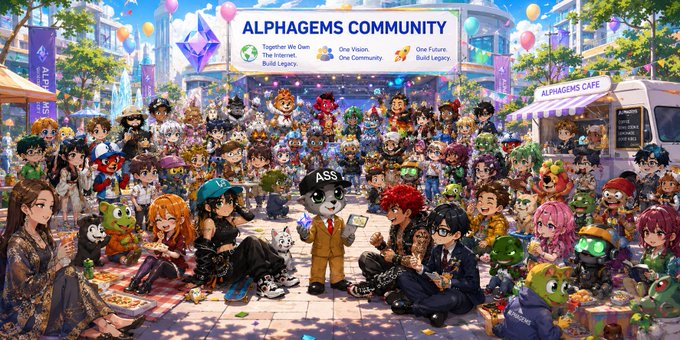 The image features a large group of people gathered together, with some sitting down while others stand around them. The scene appears to be set outdoors or at an event, as there are several tents present. A banner can also be seen in the background, which reads "AlphaGems Community". The image is quite detailed and colorful, showcasing various characters from different backgrounds.