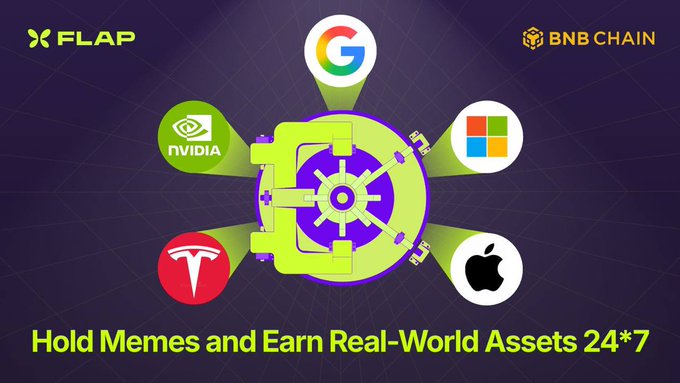 The image displays a poster for FLAP Stocks Vault that shows four logos, each representing a different company: Google, Tesla, Apple, and Microsoft. The primary focus of the poster is to attract viewers' attention by showcasing these logos against an eye-catching color scheme of purple and yellow. The text on the poster encourages potential investors to "trade, hold and earn real-world assets through FLAP Stocks Vault" and provides more information about the financial opportunities available through this platform.