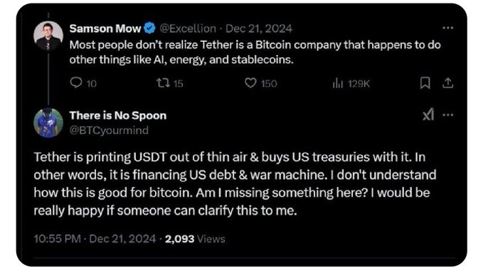 A screenshot of two tweets: one from Samson Mow (@Excellion) saying 'Most people don't realize Tether is a Bitcoin company...' and a reply from 'There is No Spoon' (@BTCyourmind) questioning Tether's activities.