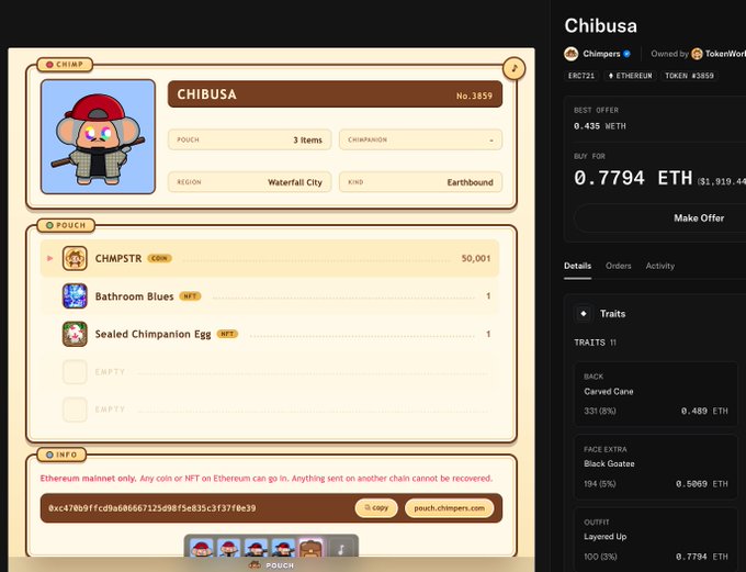 A screenshot of an NFT marketplace listing for a 'Chimp' character named 'CHIBUSA' (No.3859) priced at '0.7794 ETH' ($1,919.44), showing traits like 'Carved Cane', 'Black Goatee', and 'Layered Up'.