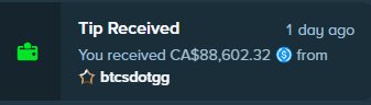 The image shows a "Tip Received" notification on Stake, displaying that CA$88,602.32 was received from user "btcsdotgg" about 1 day ago, which aligns with the post announcing a $88,602 weekly bonus for users on a BTCs team code.