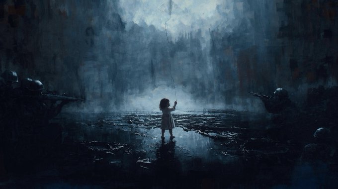 A dark, atmospheric painting depicts a small child standing in a pool of light holding a kite string, flanked by armed soldiers in silhouette.