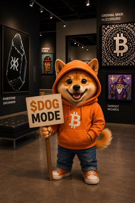 An AI-generated image of a Shiba Inu character wearing an orange Bitcoin hoodie, holding a sign that reads '$DOG MODE' in what appears to be an art gallery featuring crypto-themed NFTs including 'ORDINAL MAXI' and 'TAPROOT WIZARDS'.