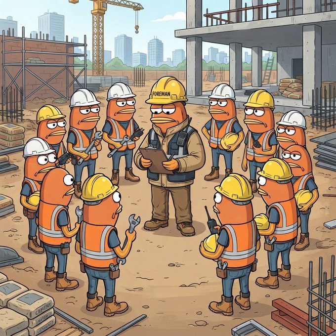 A cartoon illustration depicting a foreman in a yellow hard hat briefing a group of orange fish-like construction workers at a building site.