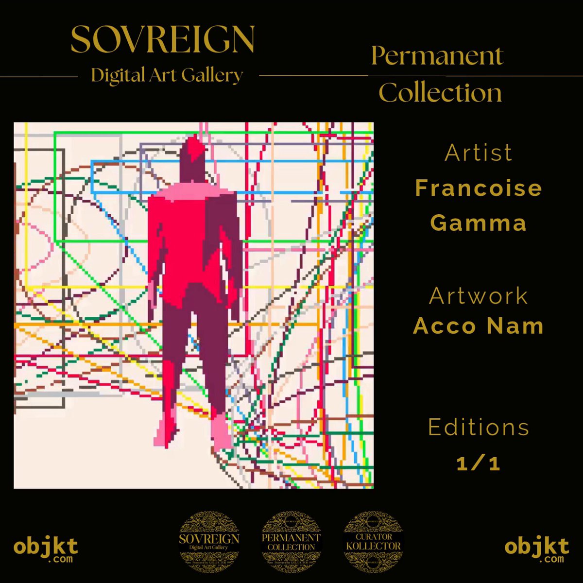 The image features a poster for an art gallery called "Sovreign" that has been created by artist Francoise Gamma. The poster includes a digital art piece of a man rendered in pink, white, and red colors with lines connecting them. The poster also displays text about the permanent collection at the gallery, which is part of the Digital Art Gallery.
